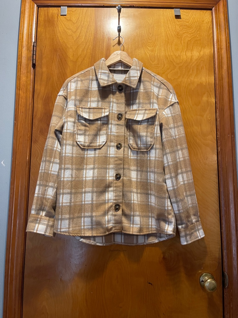 Avec Les Filles Tan And White Plaid Blanket Shirt